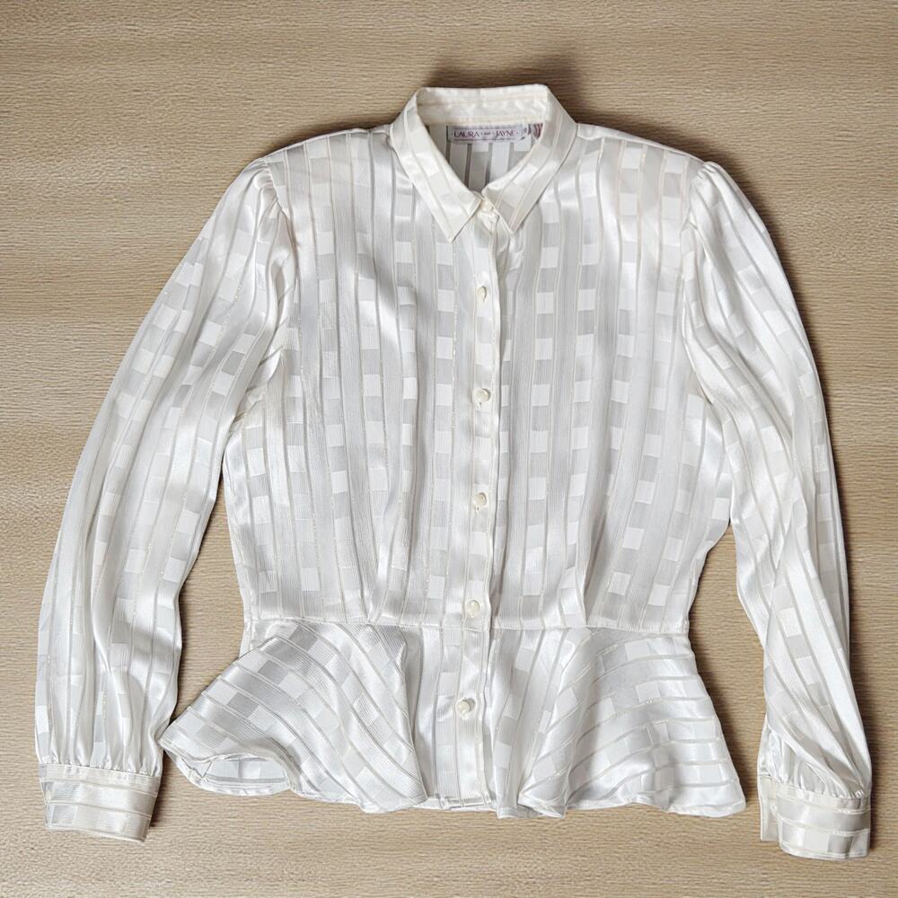 Vintage 80's 90's LAURA And JAYNE White Shimmer Stripe Peplum Shirt Blouse 10